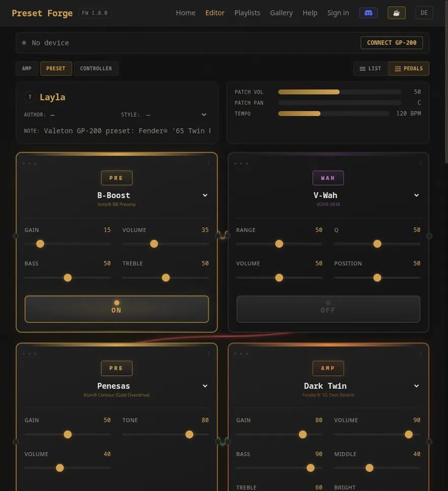 Screenshot of the Preset Forge editor showing the GP-200 signal chain with effect slots and parameter knobs.